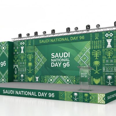 "Corporate conference stage branding backdrop Riyadh" "Wedding stage branding podium graphics Saudi Arabia" "LED-ready stage