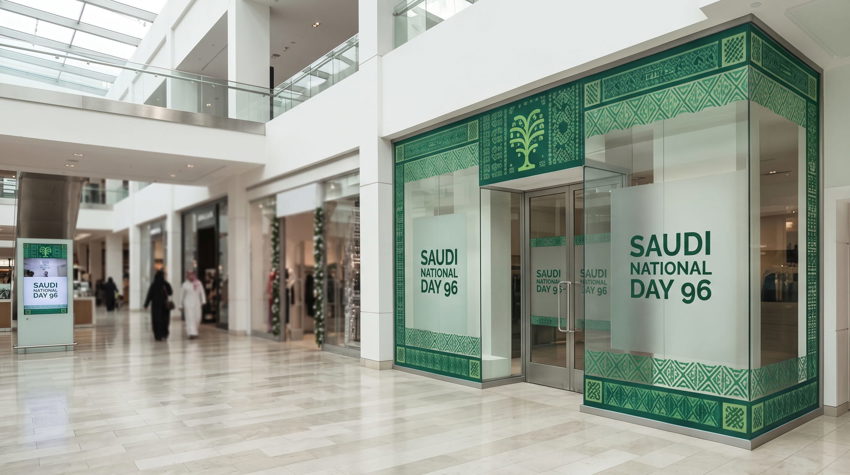 Saudi National Day 96 shop window branding with flags on a storefront in Riyadh — Admark Prints National Day storefront windo