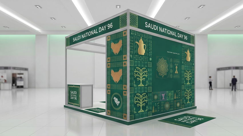 "Exhibition branding Saudi Arabia booth design" "Trade show banner backdrop branding Riyadh" "Exhibition graphics LEAP Big 5