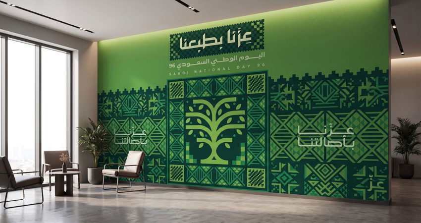 Indoor wall graphics with company branding on an office reception wall in Riyadh — Admark Prints Printed wall mural and vinyl