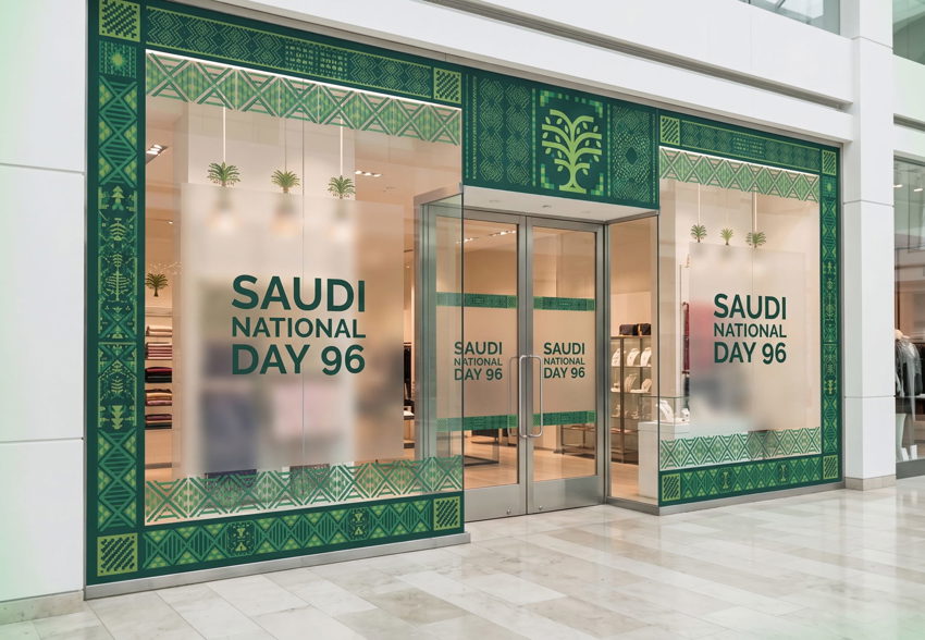 Saudi National Day 96 shop window branding with flags on a storefront in Riyadh — Admark Prints National Day storefront windo