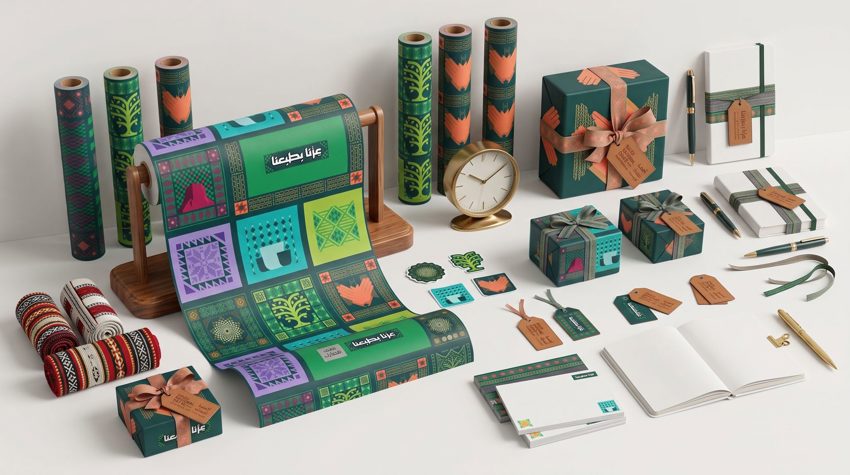 Custom printed wrapping paper with repeating brand logo for corporate gifts — Admark, Saudi Arabia Branded gift wrap in compa