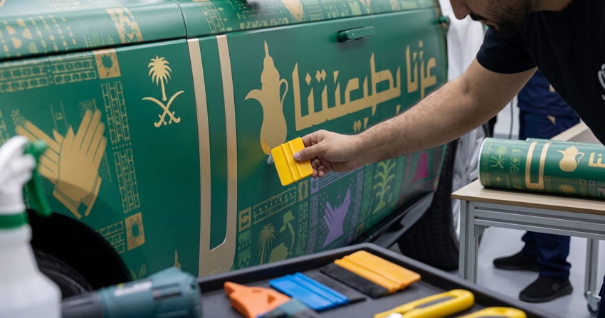 "Saudi National Day 96 car branding Azzona Bitabana" "Corporate fleet vehicle wrap National Day Riyadh" "Company car branding