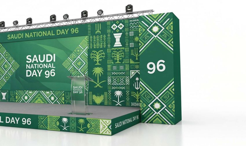 "Corporate conference stage branding backdrop Riyadh" "Wedding stage branding podium graphics Saudi Arabia" "LED-ready stage