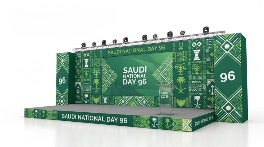 "Corporate conference stage branding backdrop Riyadh" "Wedding stage branding podium graphics Saudi Arabia" "LED-ready stage